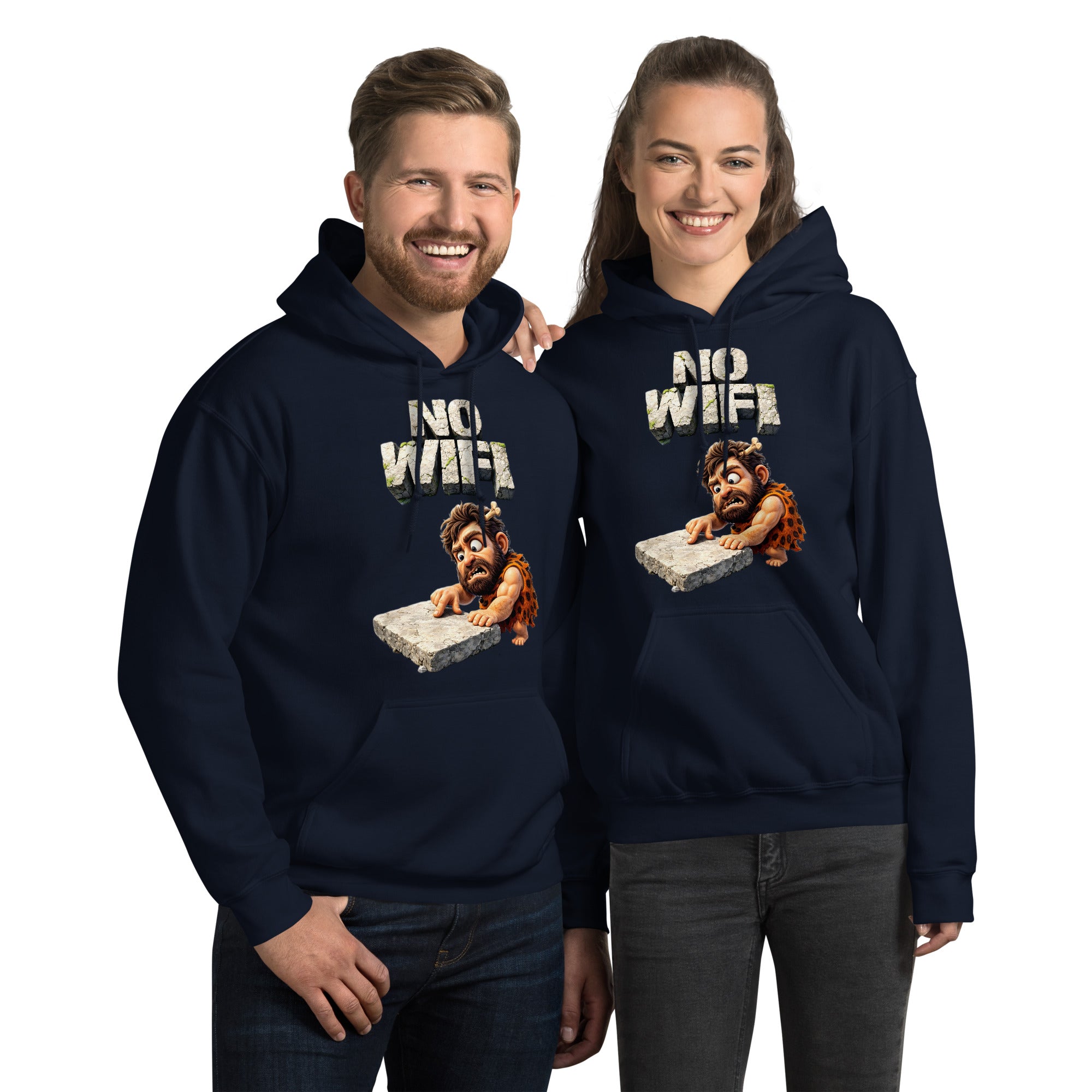Unisex Hoodie - Prehistoric Struggle: "NO WIFI" Funny Caveman Unisex Hoodie 🦴📴 by printfluence.net