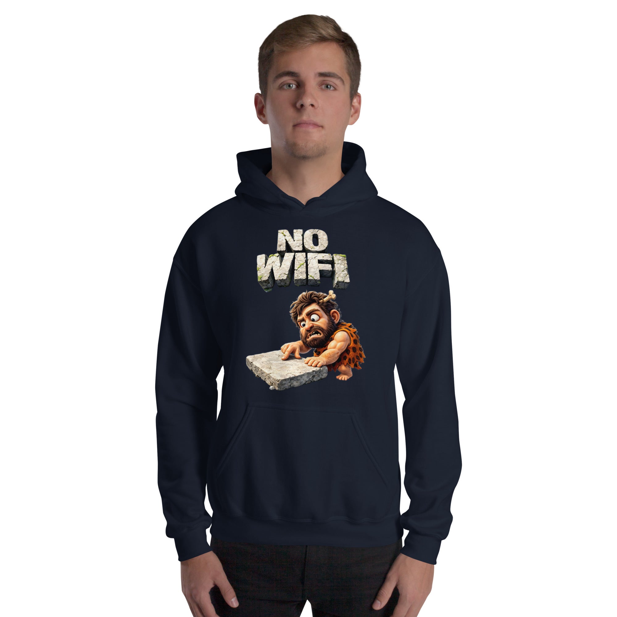 Unisex Hoodie - Prehistoric Struggle: "NO WIFI" Funny Caveman Unisex Hoodie 🦴📴 by printfluence.net