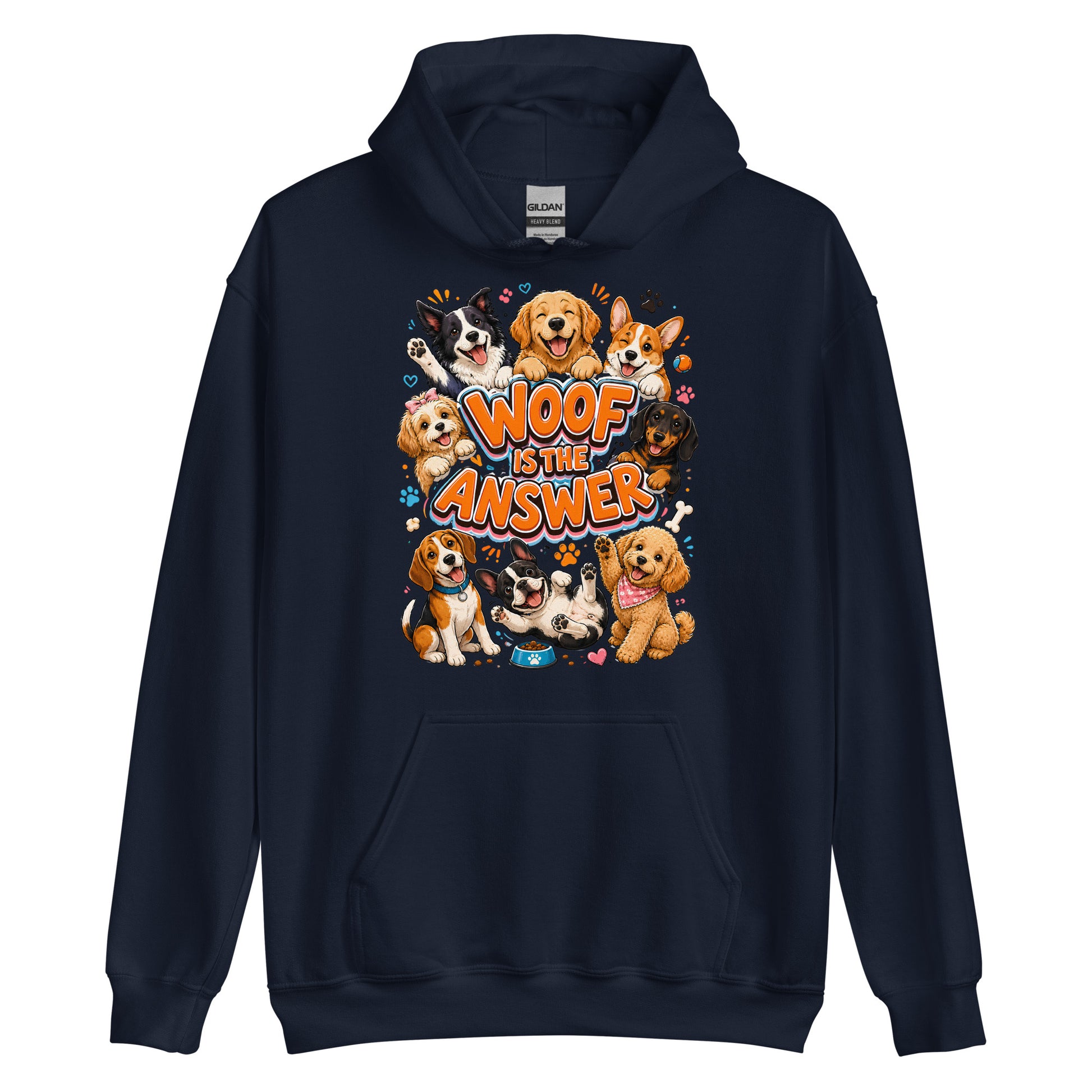 Woof is the Answer Cute Multi-Breed Puppy Unisex Hoodie - Happy Dog Lover Graphic Pullover Sweatshirt by printfluence.net