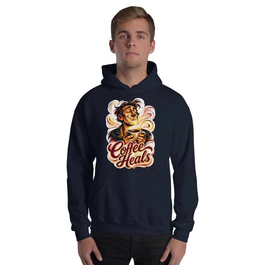 Coffee Lovers Unisex Garment-Dyed Hoodie Coffee Heals – Soulful Morning Motivation Graphic Pullover by printfluence.net