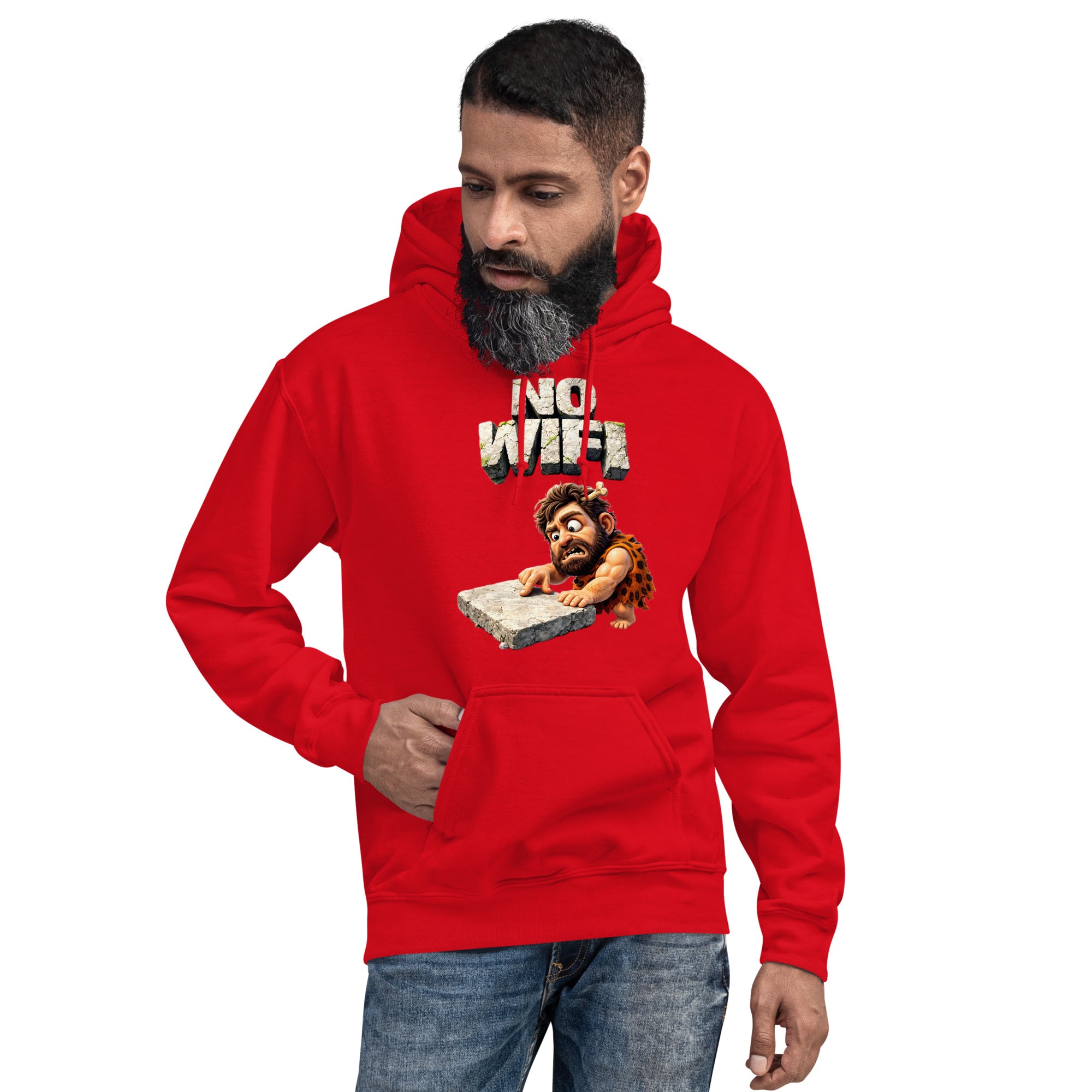 Unisex Hoodie - Prehistoric Struggle: "NO WIFI" Funny Caveman Unisex Hoodie 🦴📴 by printfluence.net
