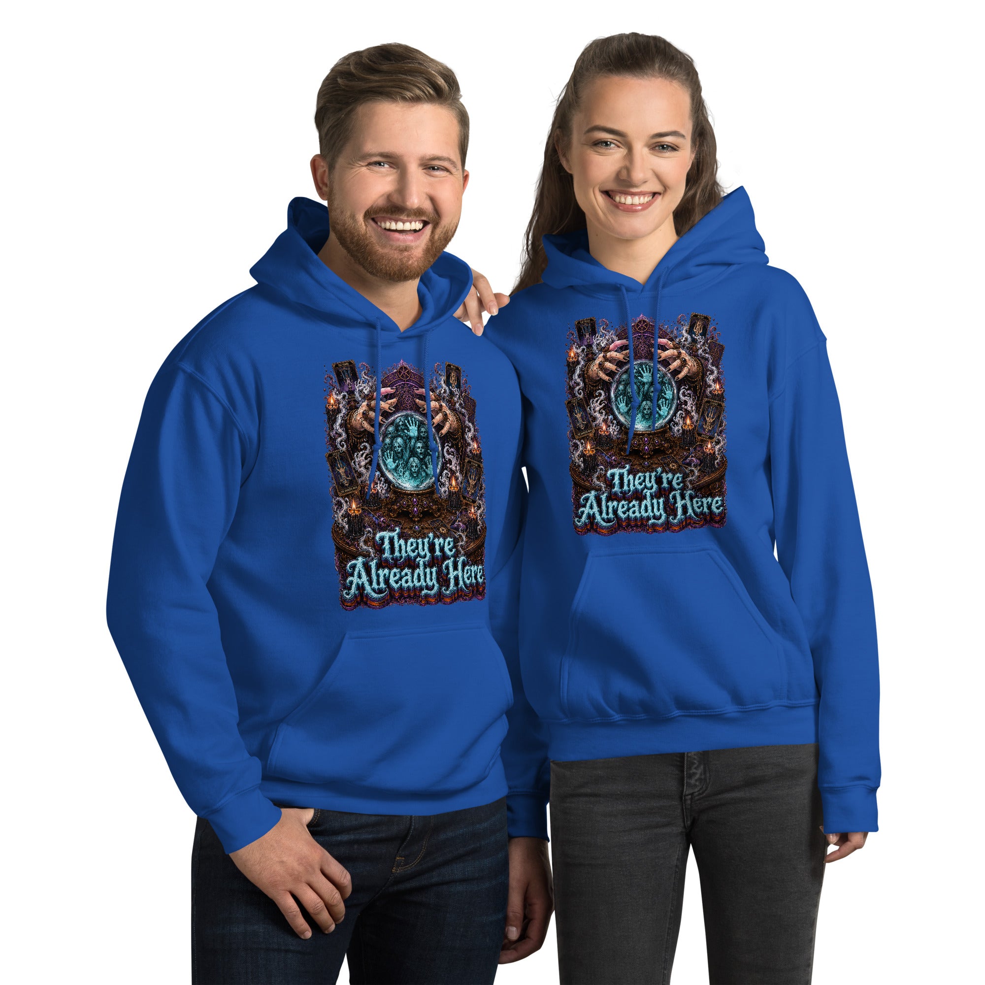 Horror and Mystery Lovers Unisex Heavy Blend Hoodie — "They're Already Here" Fortune Teller Crystal Ball and Tarot Design by printfluence.net