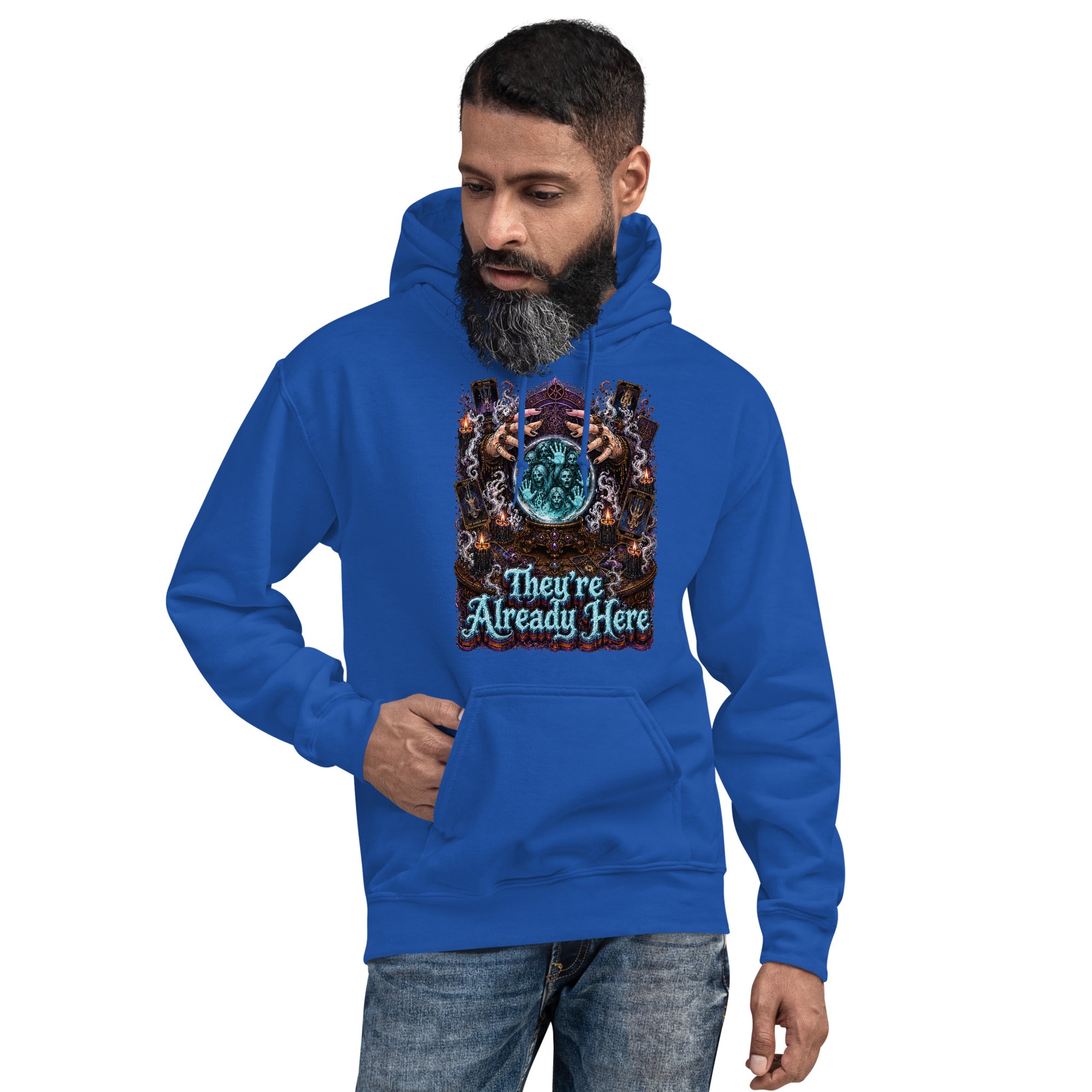 Horror and Mystery Lovers Unisex Heavy Blend Hoodie — "They're Already Here" Fortune Teller Crystal Ball and Tarot Design by printfluence.net