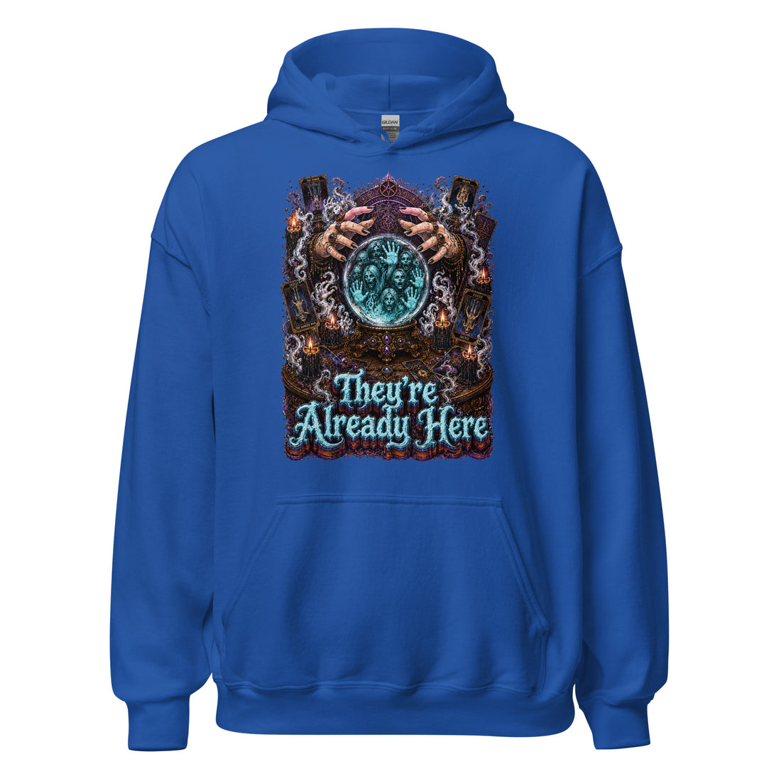 Horror and Mystery Lovers Unisex Heavy Blend Hoodie — "They're Already Here" Fortune Teller Crystal Ball and Tarot Design by printfluence.net