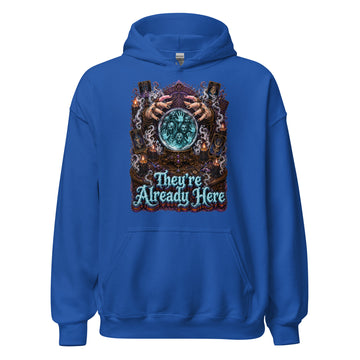 Horror and Mystery Lovers Unisex Heavy Blend Hoodie — "They're Already Here" Fortune Teller Crystal Ball and Tarot Design by printfluence.net