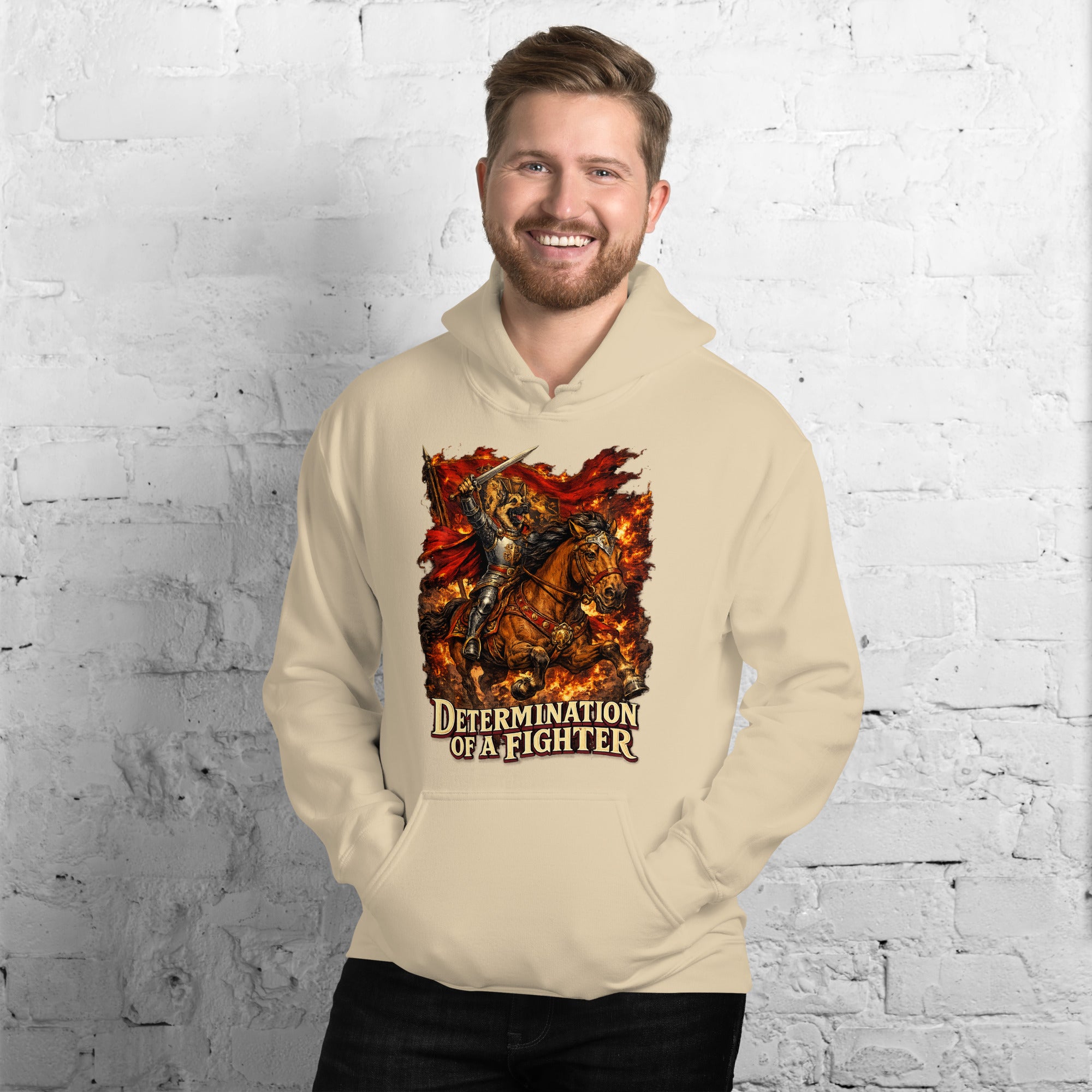 German Shepherd Lovers Unisex Hoodie | "Determination of a Fighter" Medieval Knight Graphic Sweatshirt by printfluence.net