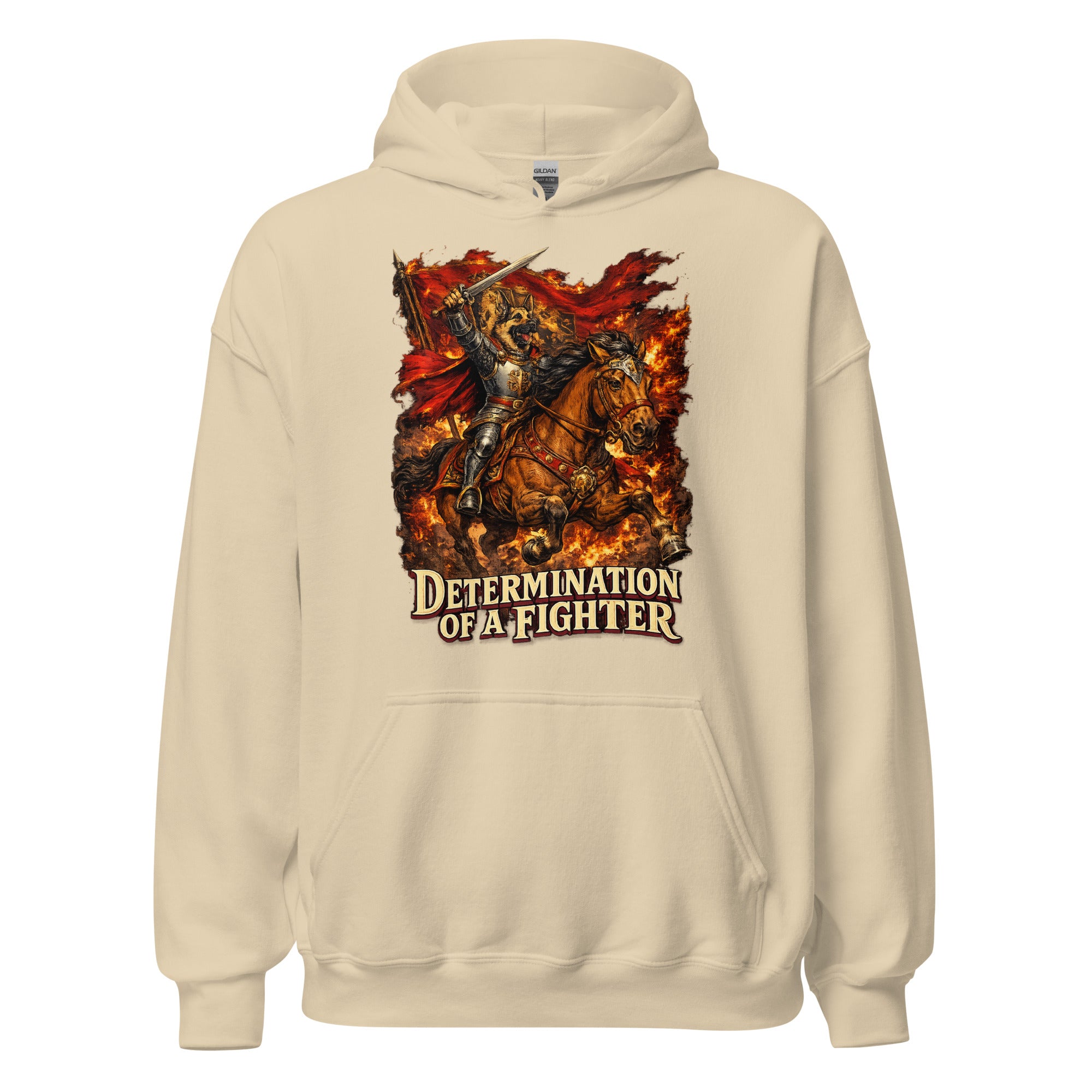 German Shepherd Lovers Unisex Hoodie | "Determination of a Fighter" Medieval Knight Graphic Sweatshirt by printfluence.net