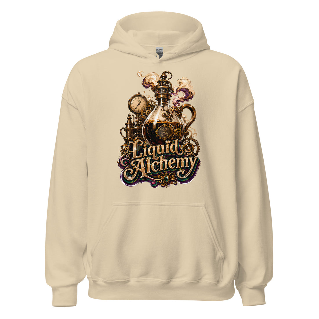 Coffee Lovers Unisex Hoodie Liquid Alchemy – Steampunk Coffee Magic Elixir Graphic Pullover by printfluence.net