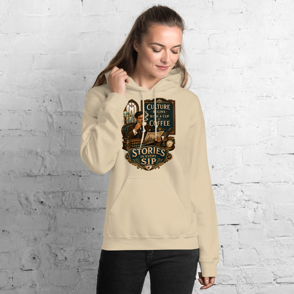 Coffee Lovers Unisex Hoodie Stories in Every Sip – Vintage Gentleman & Intellectual Coffee Graphic Pullover by printfluence.net