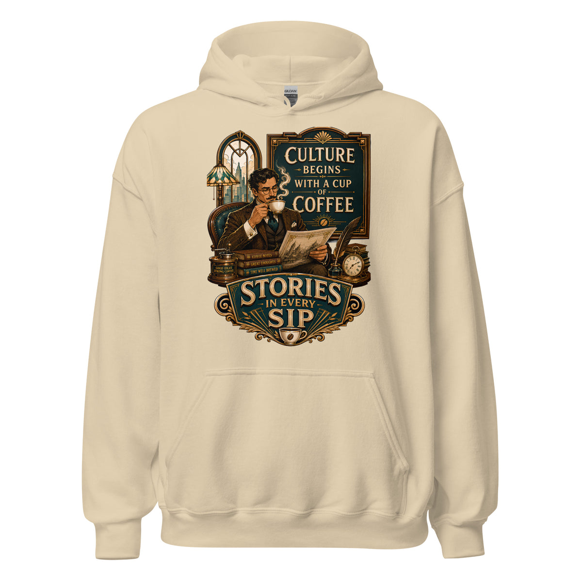Coffee Lovers Unisex Hoodie Stories in Every Sip – Vintage Gentleman & Intellectual Coffee Graphic Pullover by printfluence.net