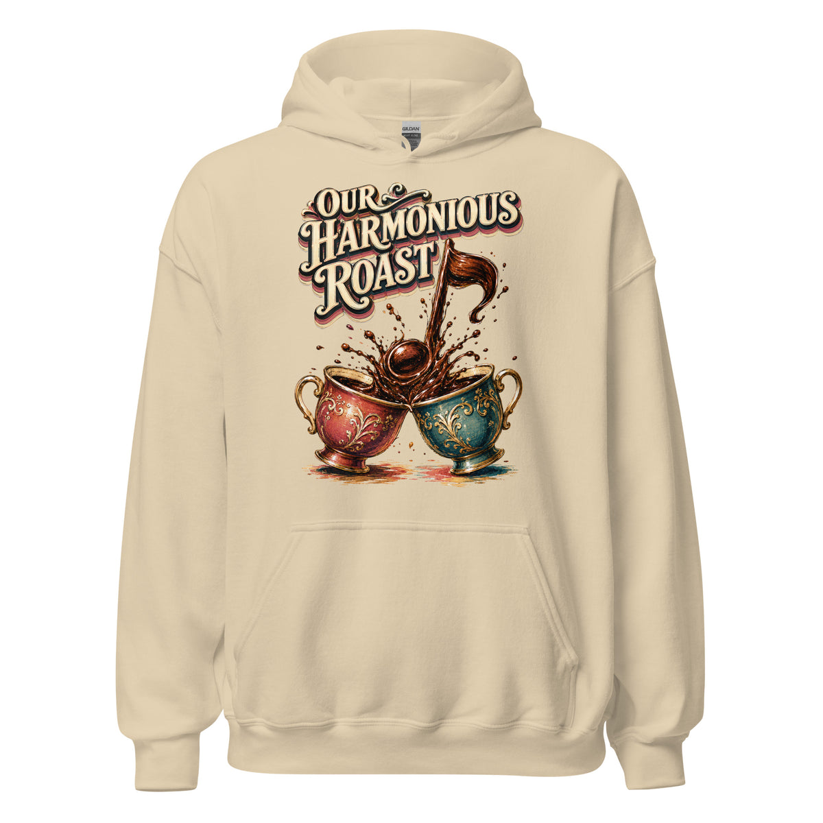 Coffee Lovers Unisex Hoodie Our Harmonious Roast – Musical Coffee Cups & Splatter Graphic Pullover by printfluence.net