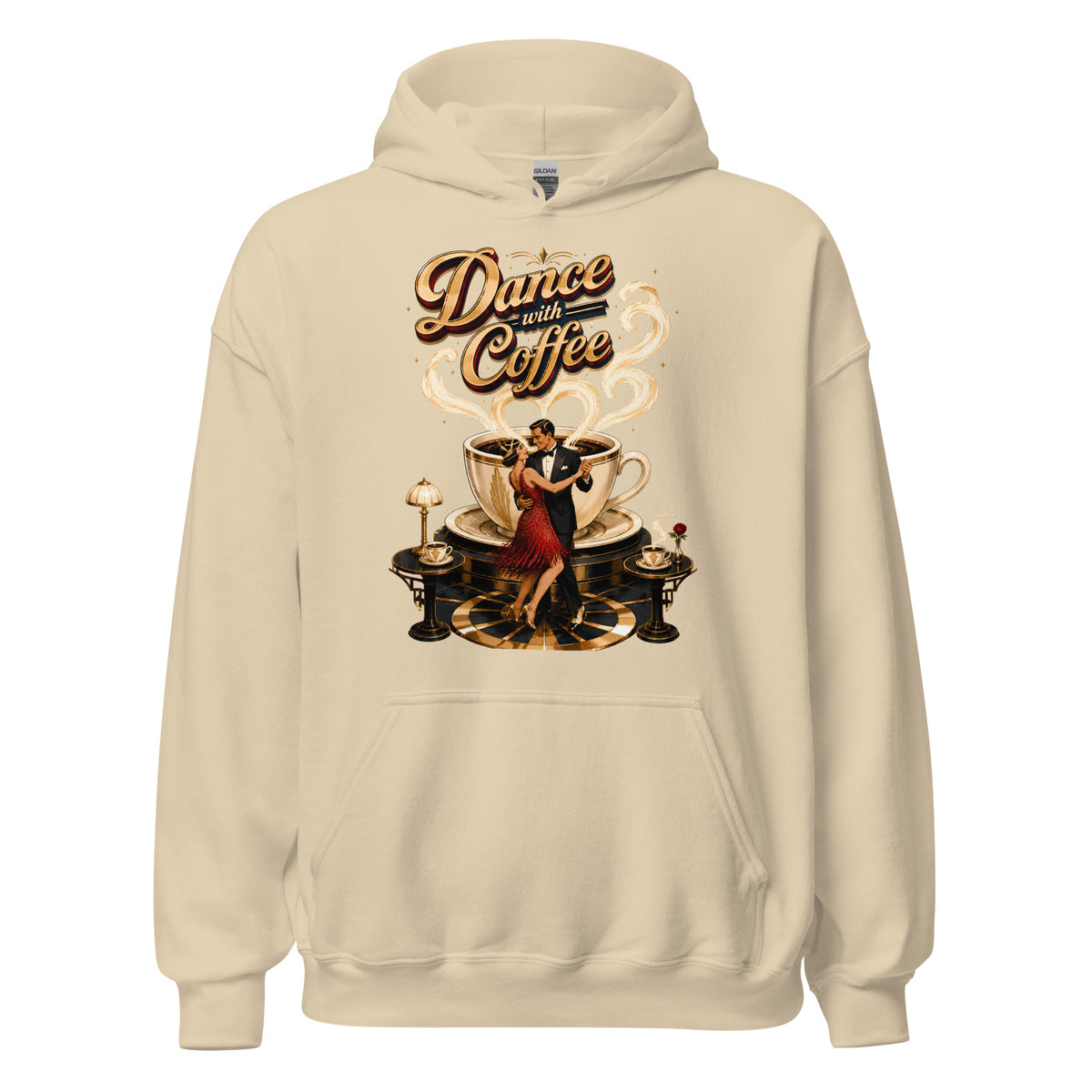 Coffee Lovers Unisex Hoodie Dance with Coffee – Art Deco Dancer & Giant Cup Graphic Pullover by printfluence.net