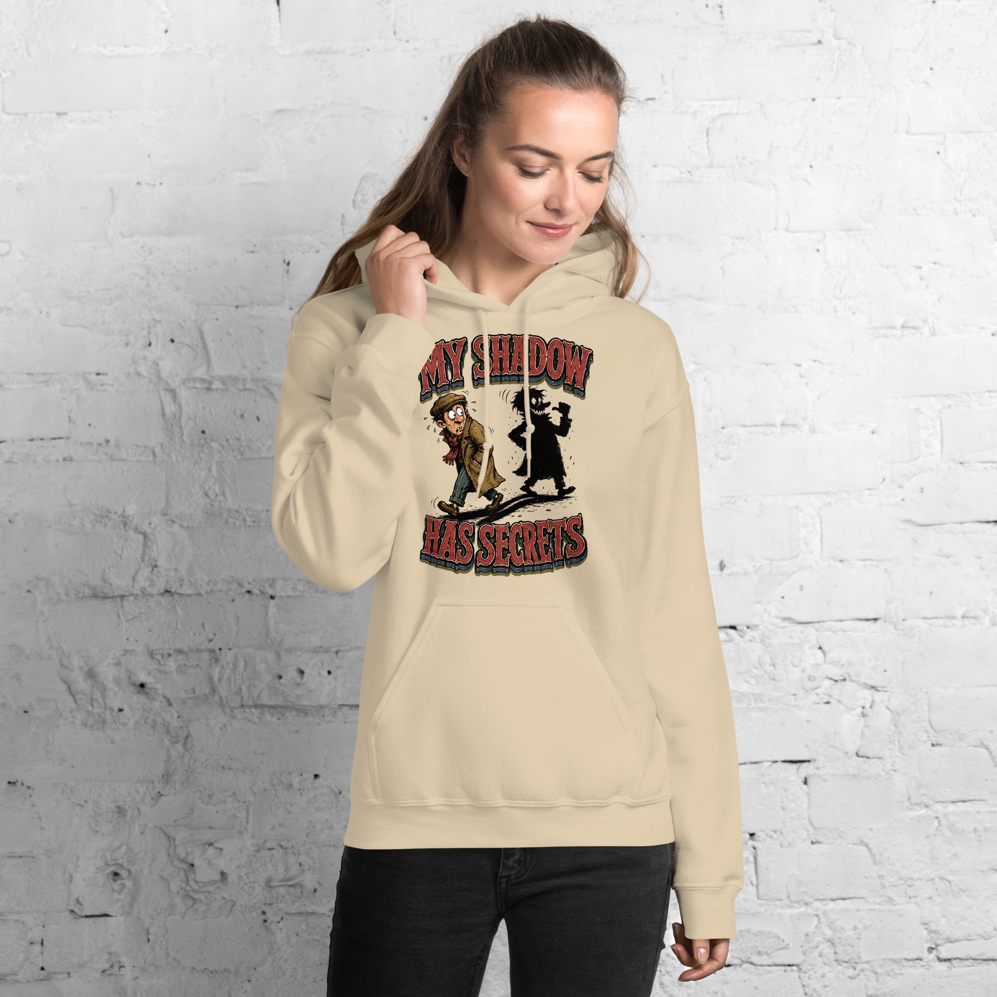 Horror & Mystery Lovers Unisex Heavyweight Fleece Hoodie with "My Shadow Has Secrets" Design by printfluence.net