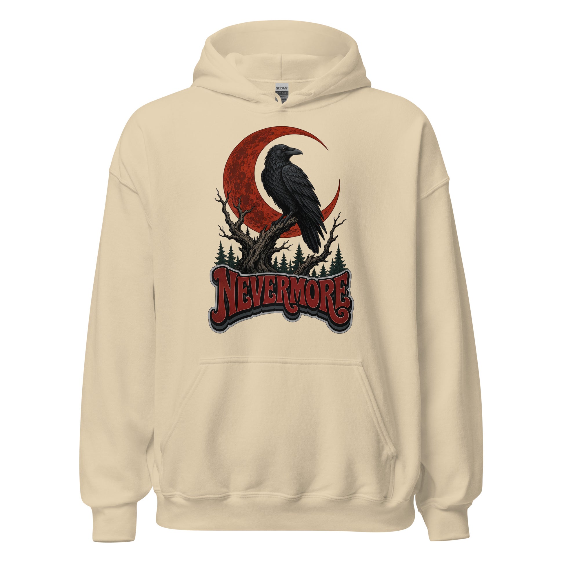 Horror & Mystery Lovers Unisex Heavy Blend Hoodie — "Nevermore" Blood Moon Raven and Dead Tree Design by printfluence.net