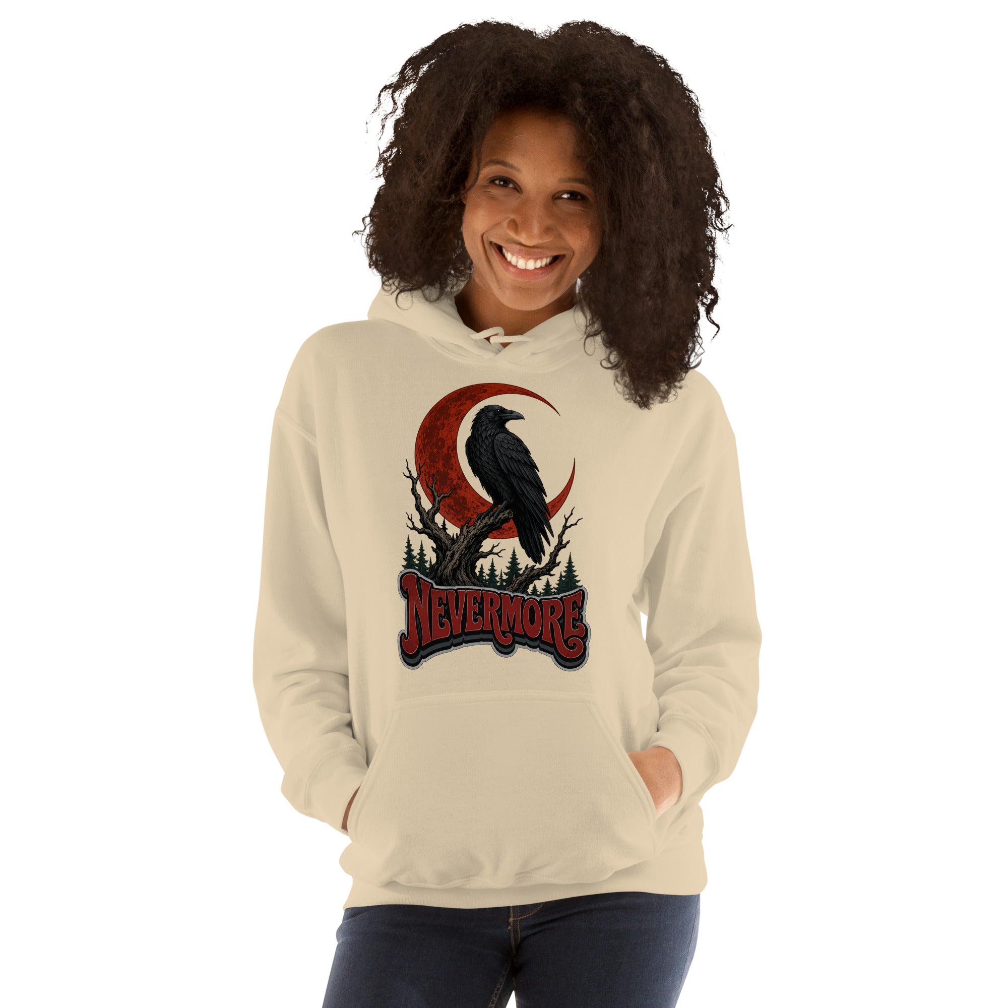 Horror & Mystery Lovers Unisex Heavy Blend Hoodie — "Nevermore" Blood Moon Raven and Dead Tree Design by printfluence.net