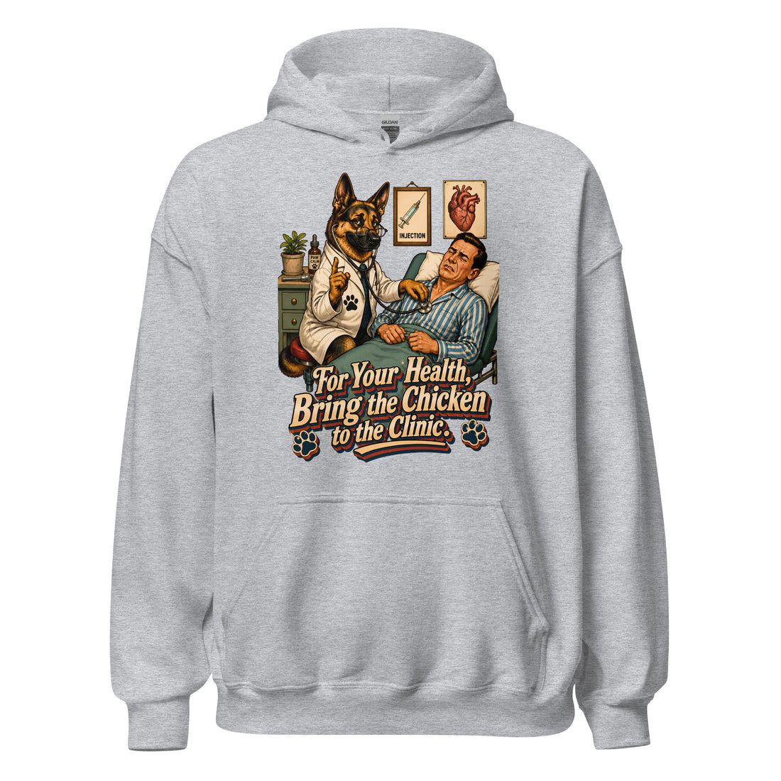 For Your Health Bring the Chicken Graphic Heavy Blend Hoodie | Vintage German Shepherd Unisex Pullover H-16 by printfluence.net