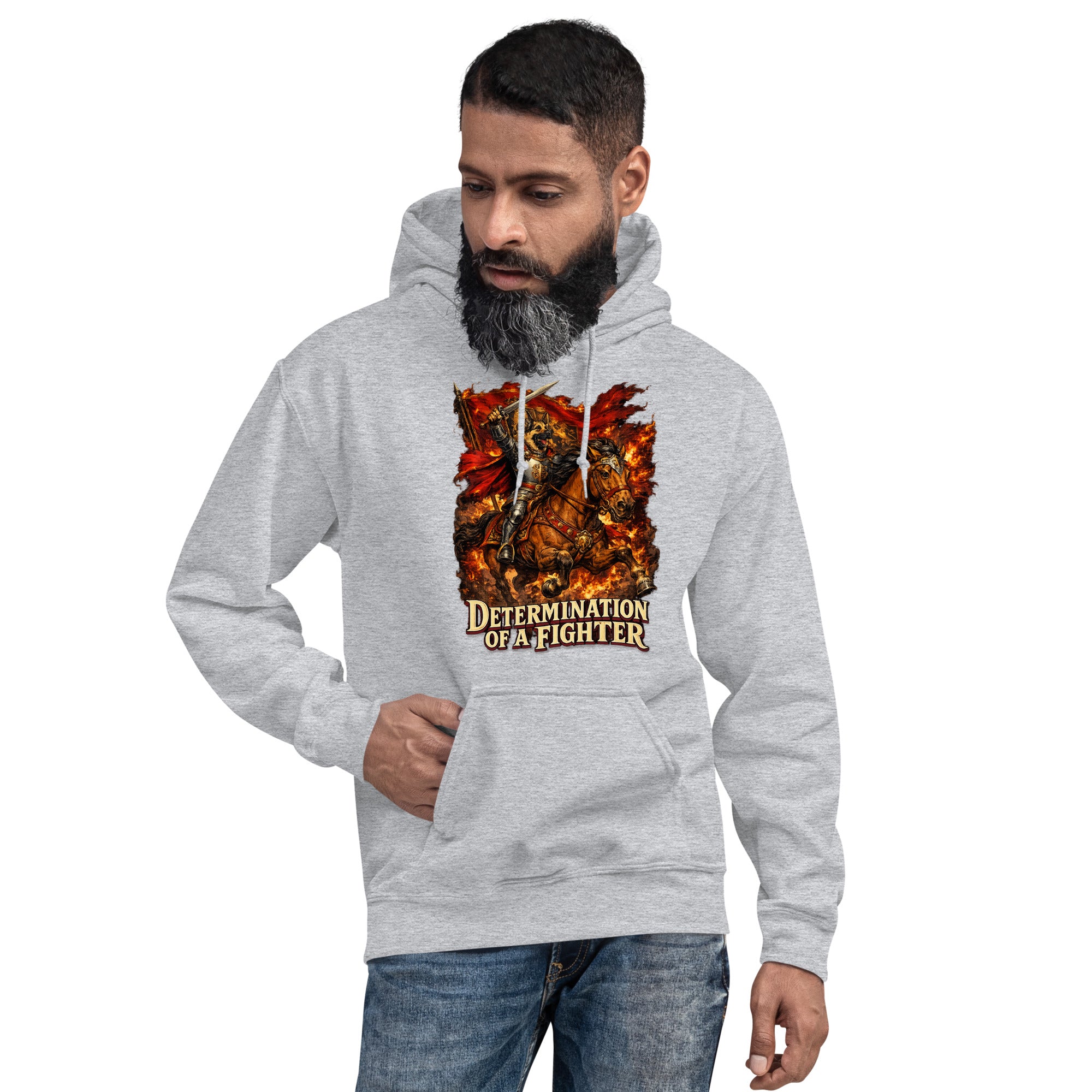 German Shepherd Lovers Unisex Hoodie | "Determination of a Fighter" Medieval Knight Graphic Sweatshirt by printfluence.net