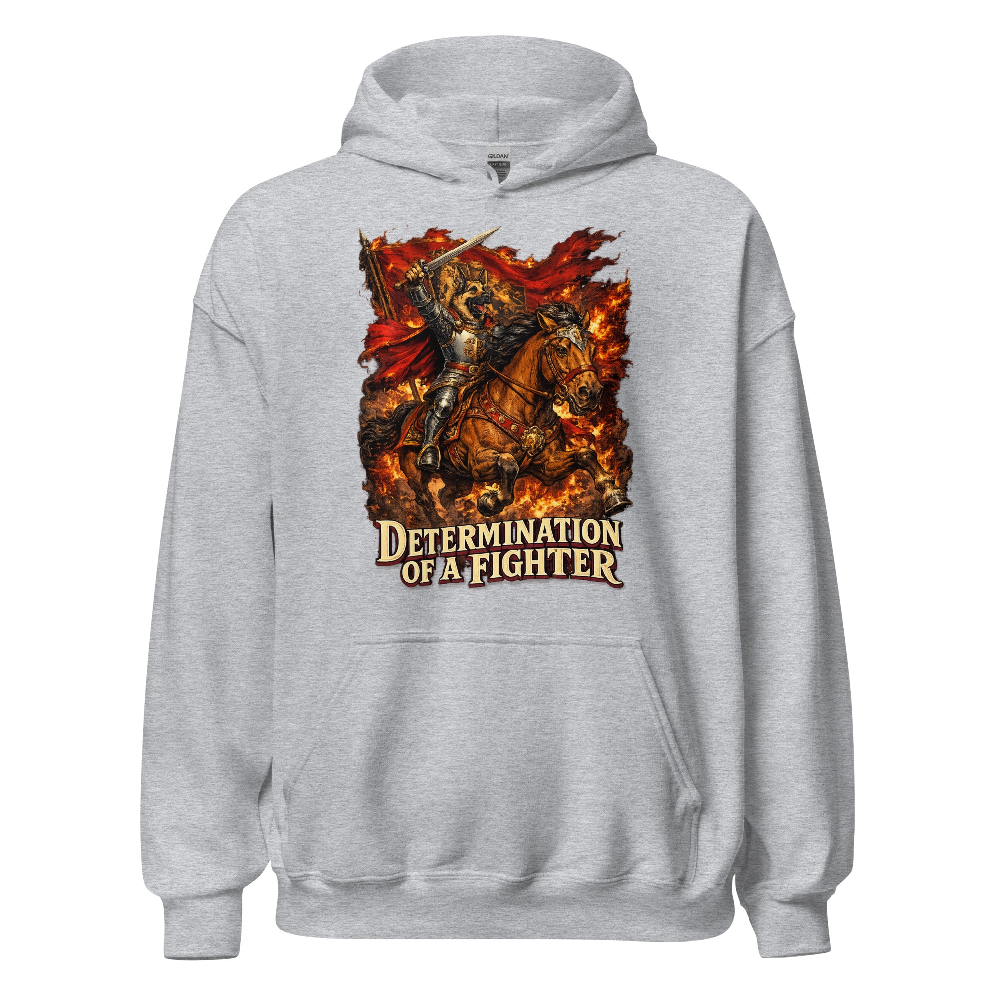 German Shepherd Lovers Unisex Hoodie | "Determination of a Fighter" Medieval Knight Graphic Sweatshirt by printfluence.net