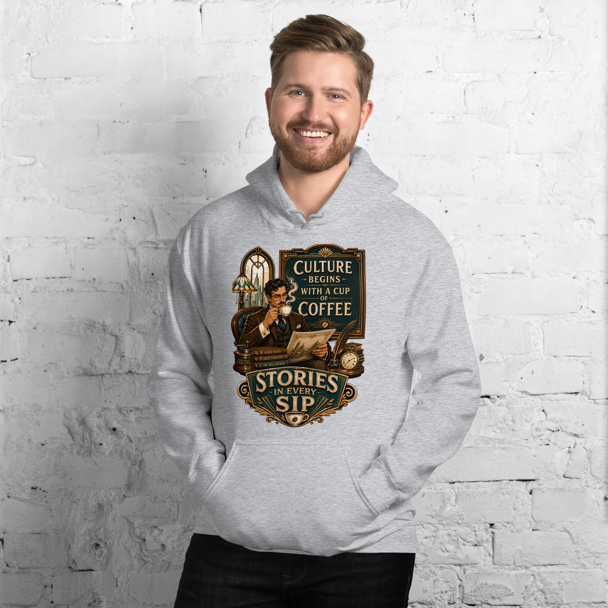 Coffee Lovers Unisex Hoodie Stories in Every Sip – Vintage Gentleman & Intellectual Coffee Graphic Pullover by printfluence.net