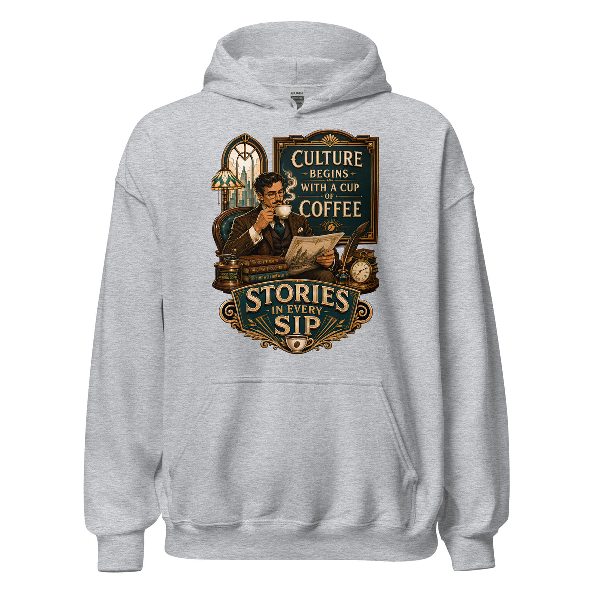Coffee Lovers Unisex Hoodie Stories in Every Sip – Vintage Gentleman & Intellectual Coffee Graphic Pullover by printfluence.net