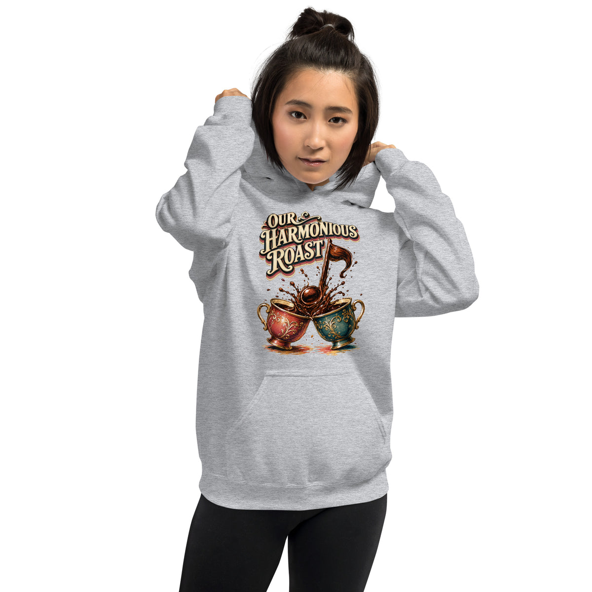 Coffee Lovers Unisex Hoodie Our Harmonious Roast – Musical Coffee Cups & Splatter Graphic Pullover by printfluence.net