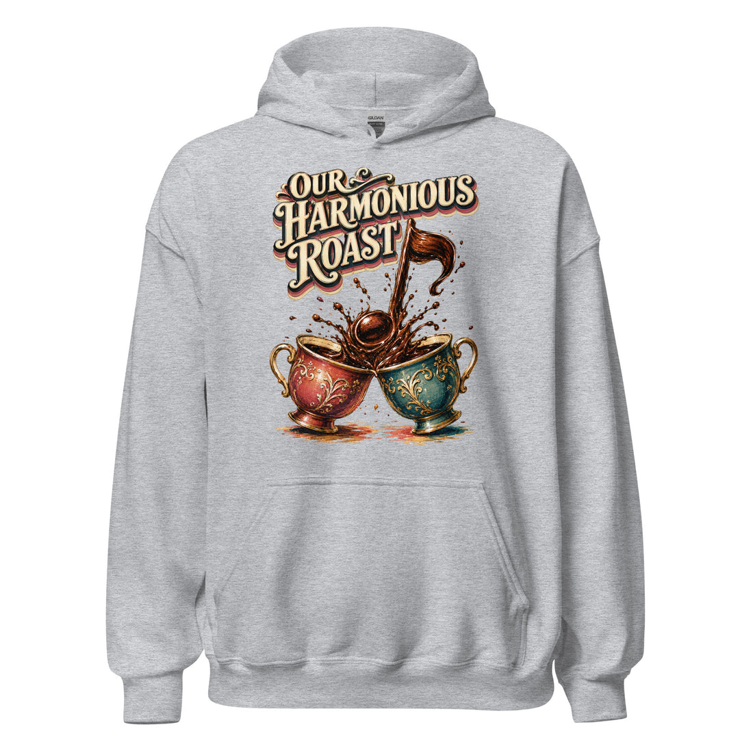 Coffee Lovers Unisex Hoodie Our Harmonious Roast – Musical Coffee Cups & Splatter Graphic Pullover by printfluence.net