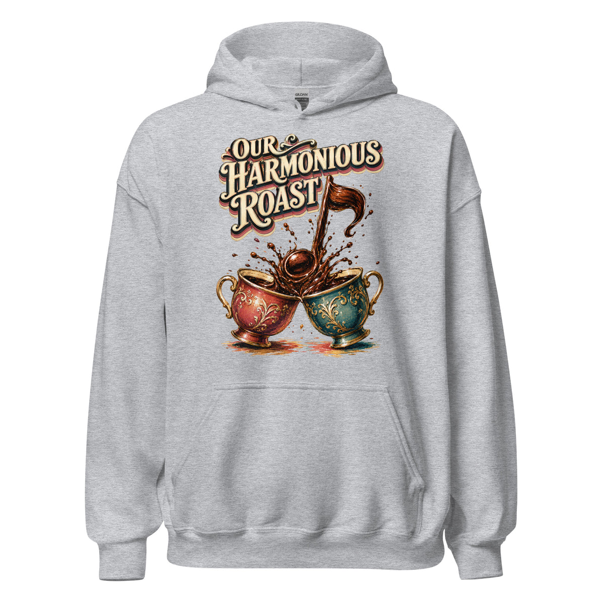 Coffee Lovers Unisex Hoodie Our Harmonious Roast – Musical Coffee Cups & Splatter Graphic Pullover by printfluence.net