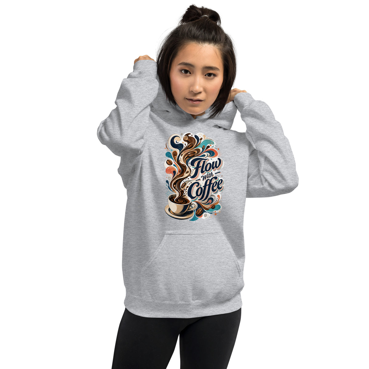 Coffee Lovers Unisex Hoodie Flow with Coffee – Abstract Swirl & Coffee Bean Graphic Pullover by printfluence.net