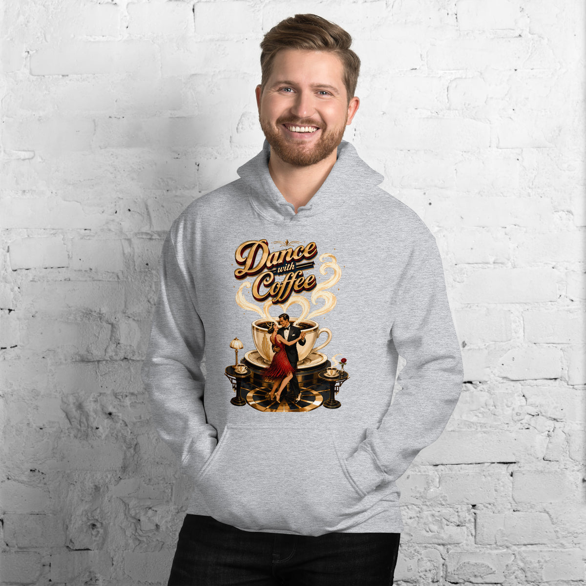 Coffee Lovers Unisex Hoodie Dance with Coffee – Art Deco Dancer & Giant Cup Graphic Pullover by printfluence.net