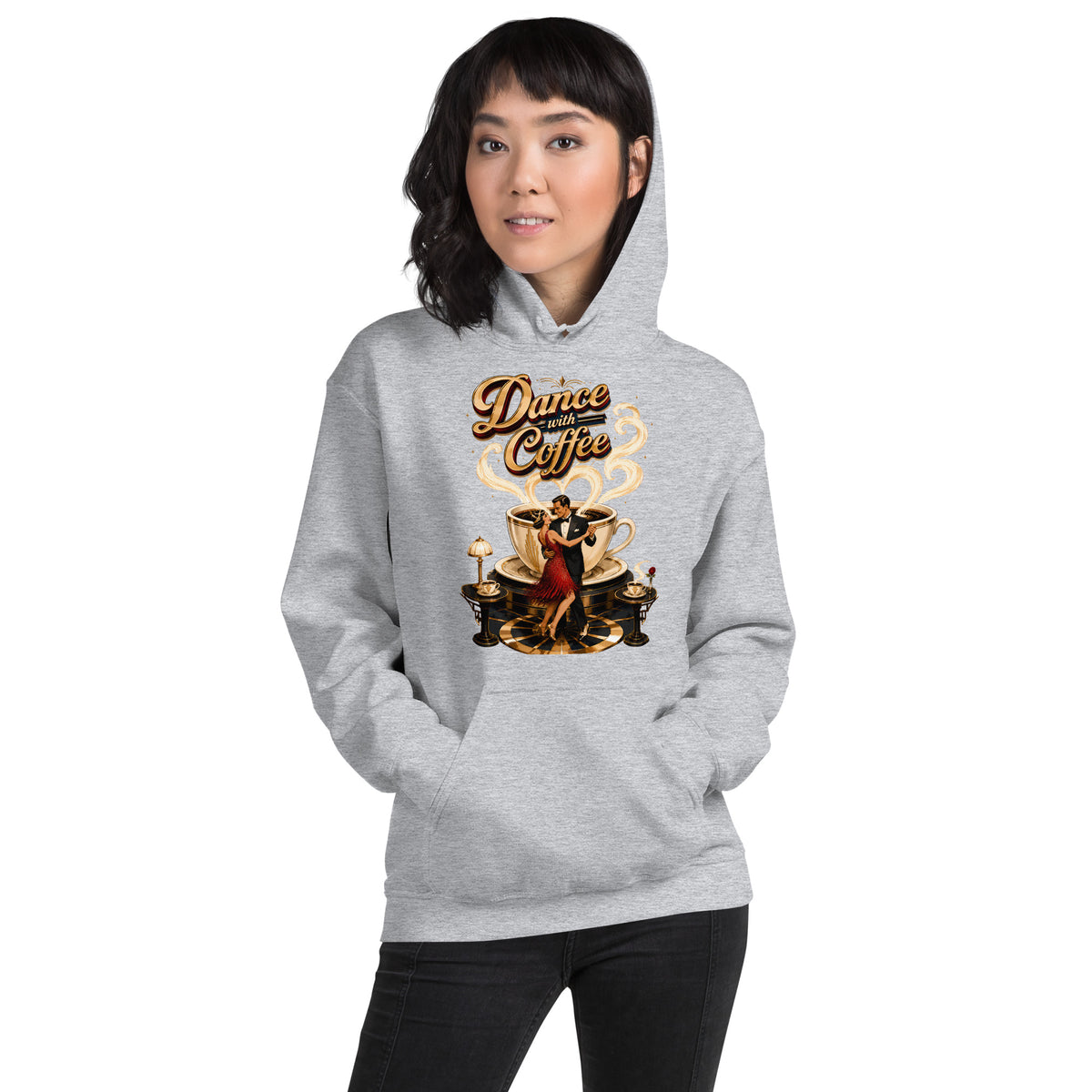 Coffee Lovers Unisex Hoodie Dance with Coffee – Art Deco Dancer & Giant Cup Graphic Pullover by printfluence.net