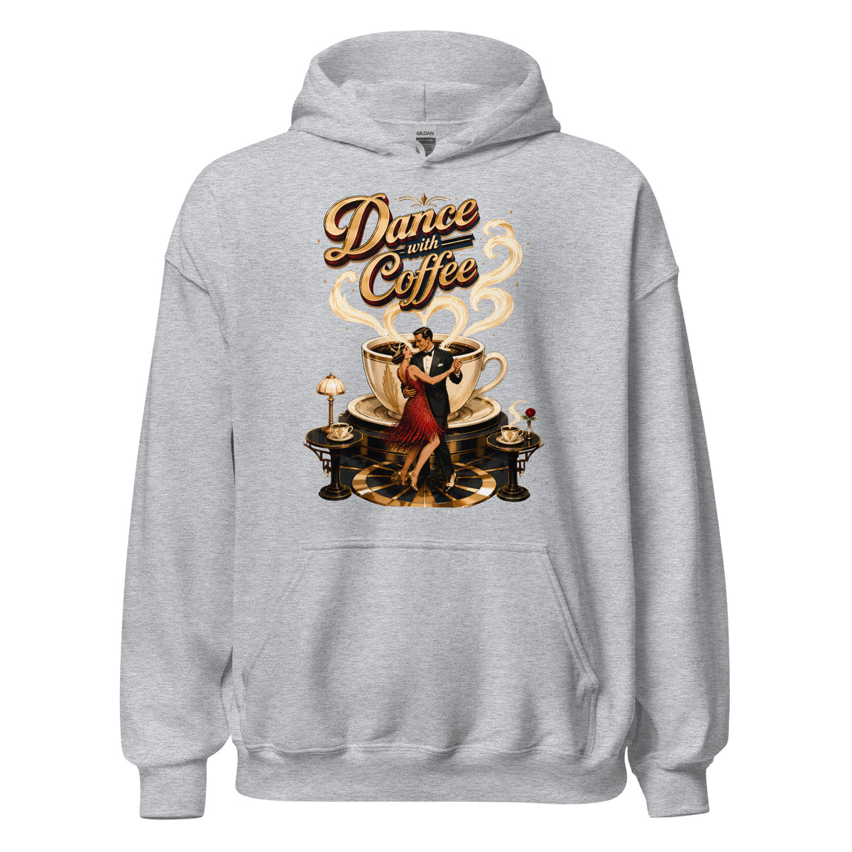 Coffee Lovers Unisex Hoodie Dance with Coffee – Art Deco Dancer & Giant Cup Graphic Pullover by printfluence.net