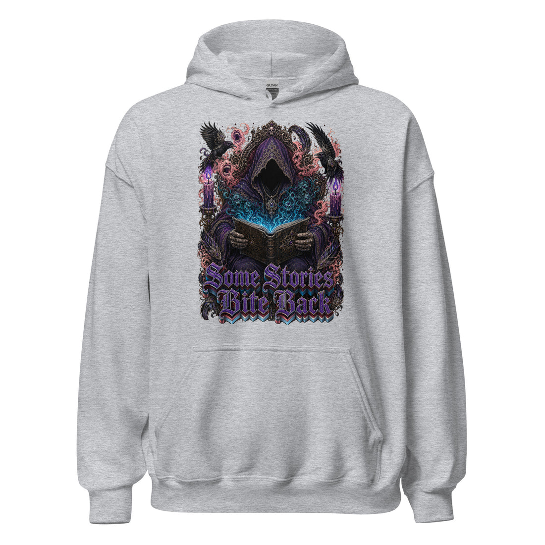 Horror & Mystery Lovers Unisex Heavy Blend Hoodie with "Some Stories Bite Back" Design by printfluence.net