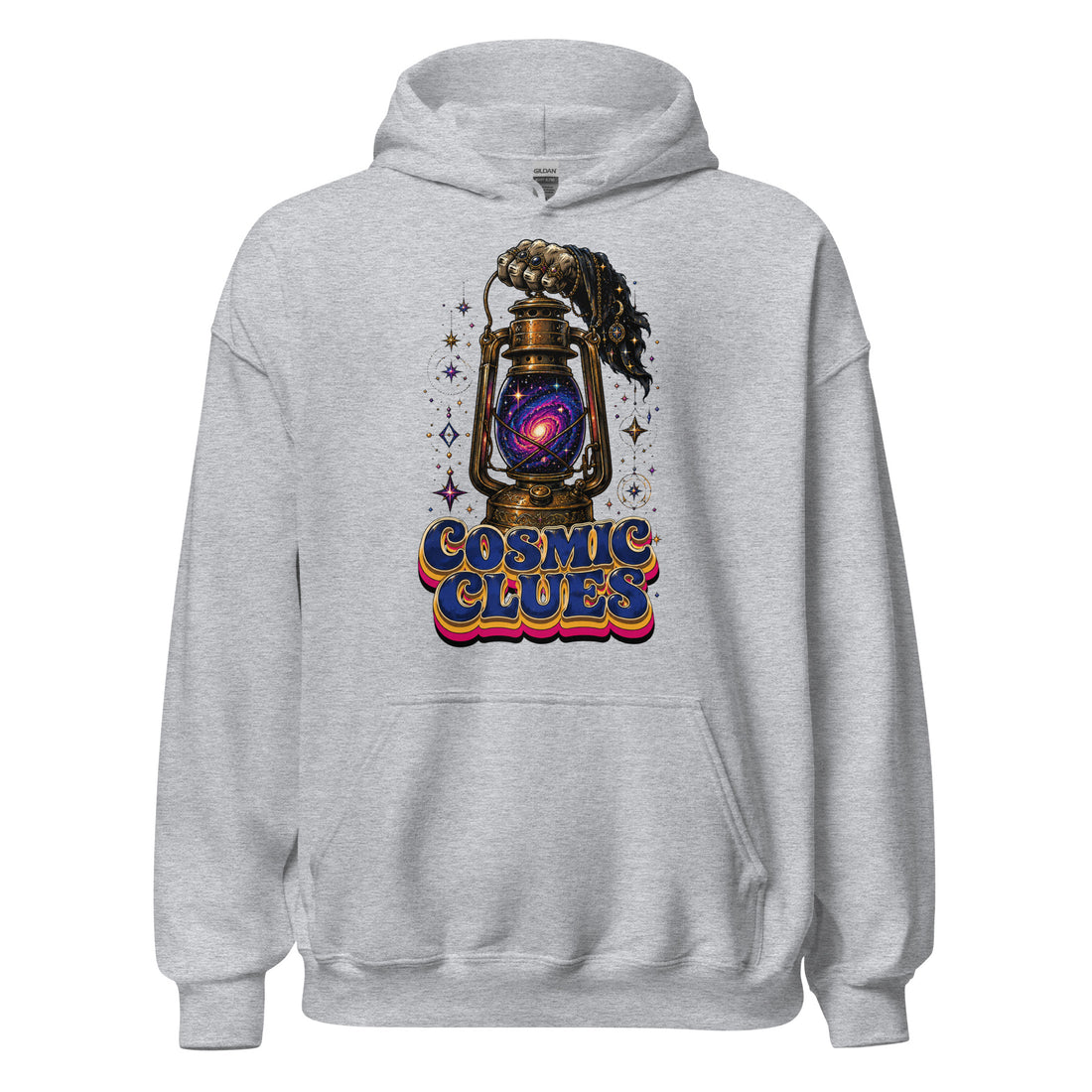 Cosmic & Esoteric Mystery Lovers Unisex Heavy Blend Hoodie with Galaxy Lantern and "Cosmic Clues" Design by printfluence.net