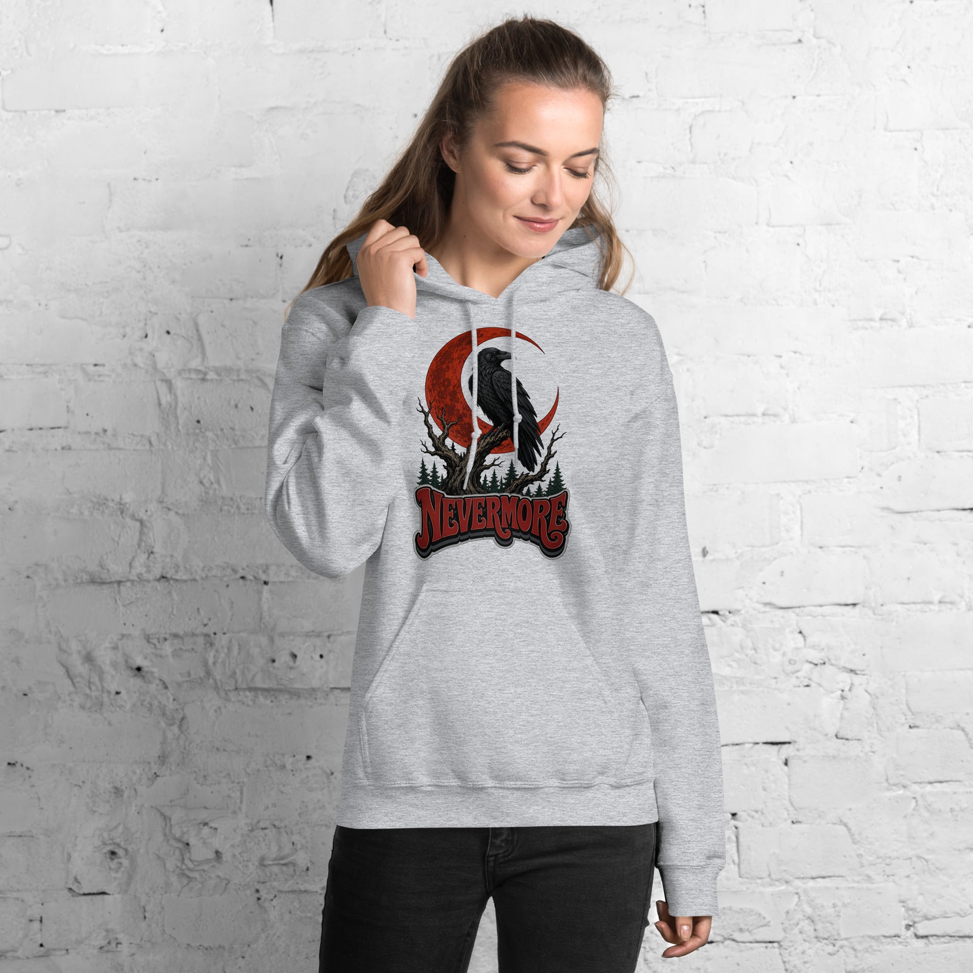 Horror & Mystery Lovers Unisex Heavy Blend Hoodie — "Nevermore" Blood Moon Raven and Dead Tree Design by printfluence.net