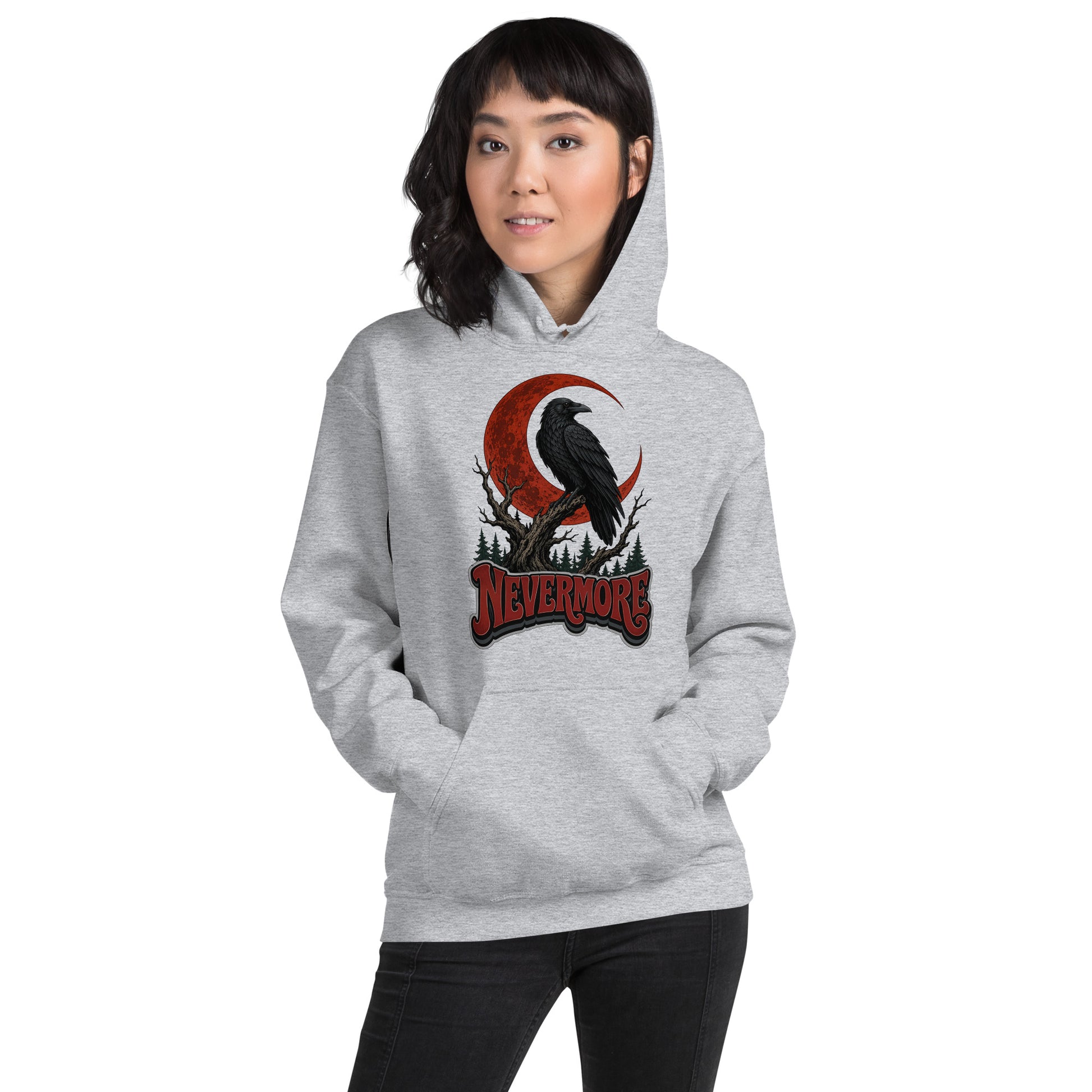 Horror & Mystery Lovers Unisex Heavy Blend Hoodie — "Nevermore" Blood Moon Raven and Dead Tree Design by printfluence.net
