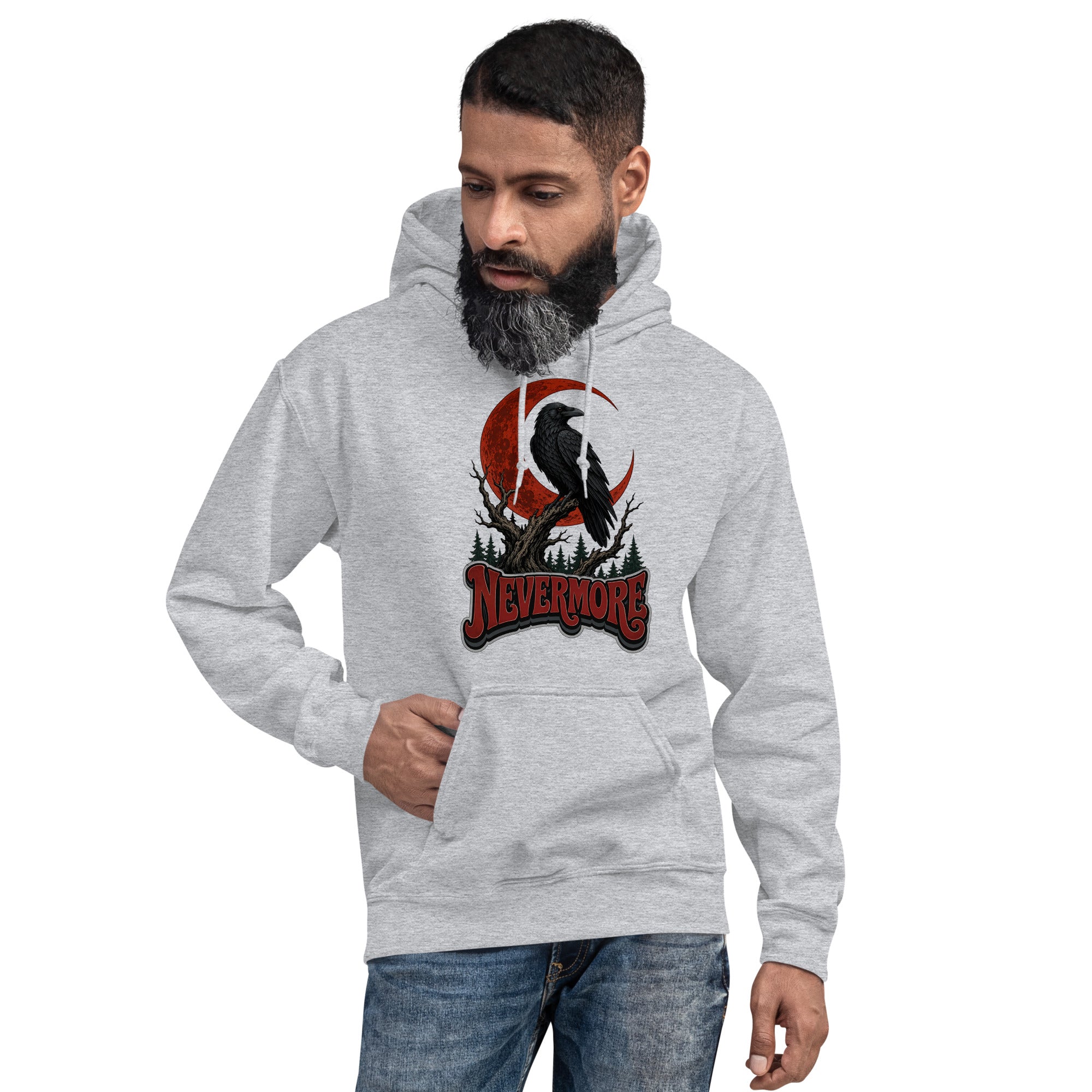 Horror & Mystery Lovers Unisex Heavy Blend Hoodie — "Nevermore" Blood Moon Raven and Dead Tree Design by printfluence.net