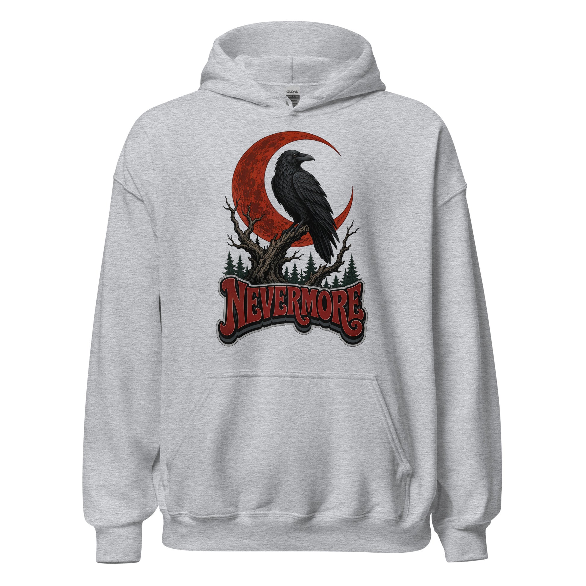 Horror & Mystery Lovers Unisex Heavy Blend Hoodie — "Nevermore" Blood Moon Raven and Dead Tree Design by printfluence.net