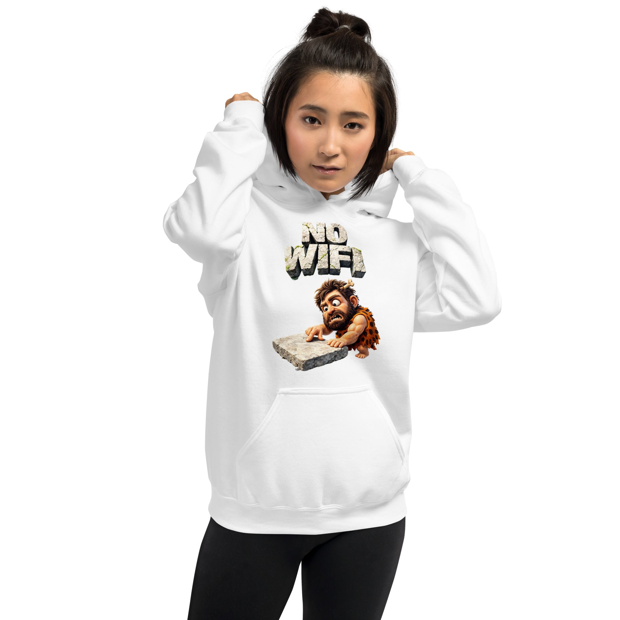 Unisex Hoodie - Prehistoric Struggle: "NO WIFI" Funny Caveman Unisex Hoodie 🦴📴 by printfluence.net