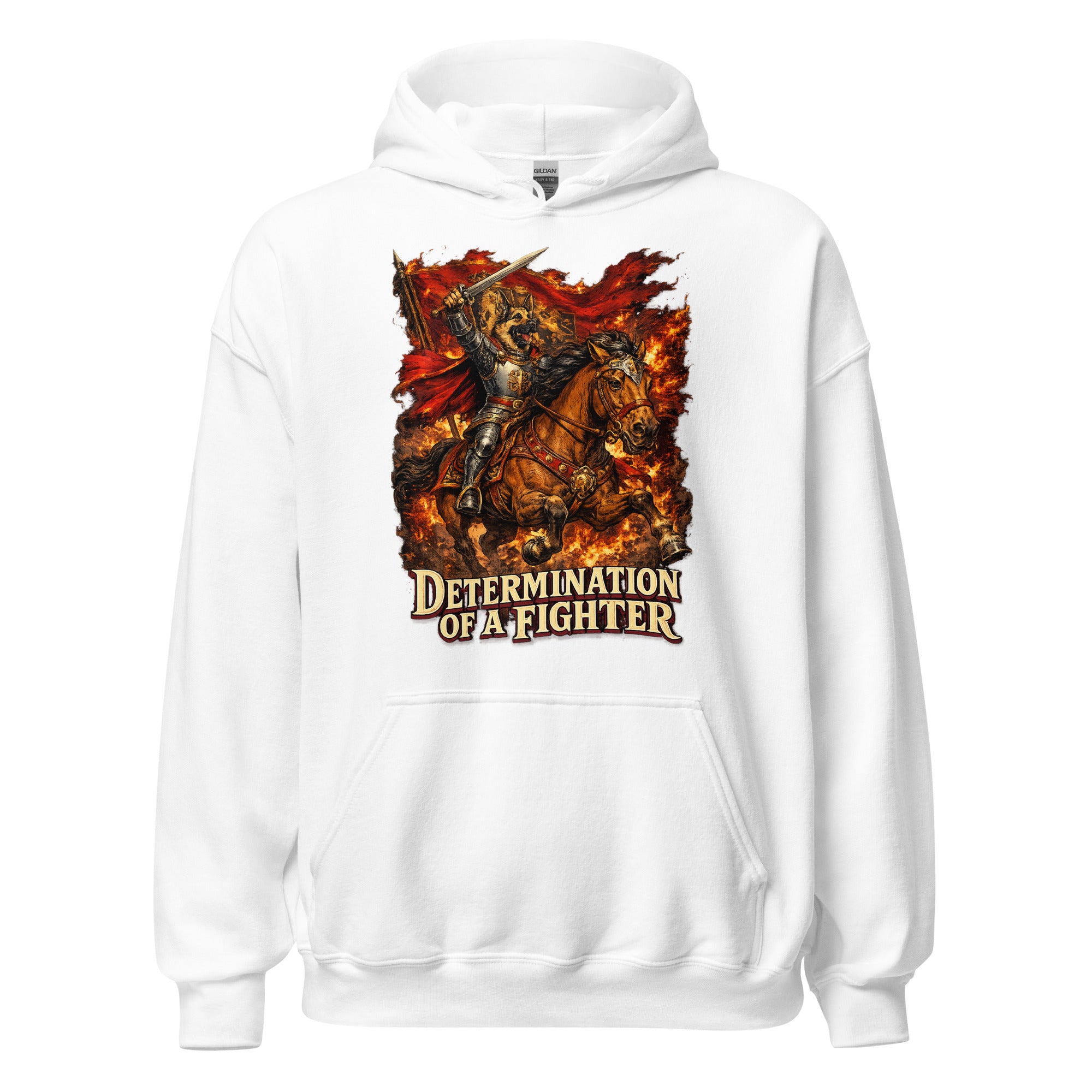 German Shepherd Lovers Unisex Hoodie | "Determination of a Fighter" Medieval Knight Graphic Sweatshirt by printfluence.net
