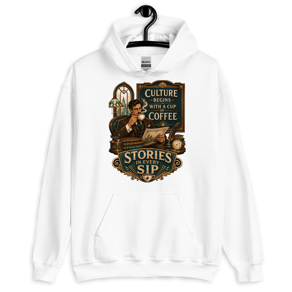 Coffee Lovers Unisex Hoodie Stories in Every Sip – Vintage Gentleman & Intellectual Coffee Graphic Pullover by printfluence.net