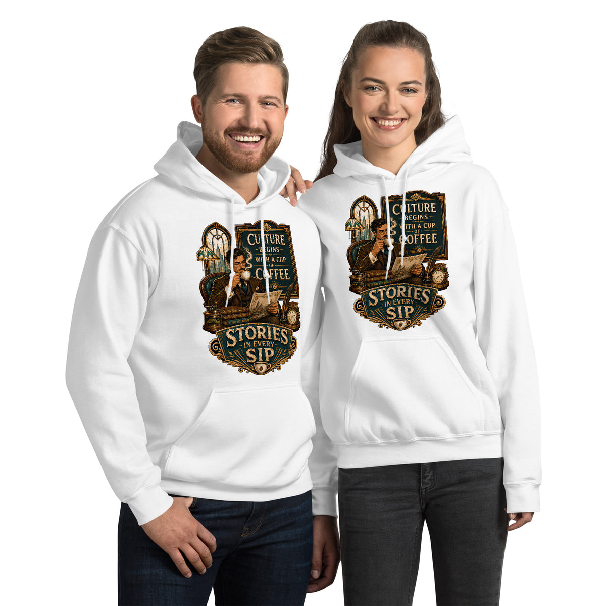 Coffee Lovers Unisex Hoodie Stories in Every Sip – Vintage Gentleman & Intellectual Coffee Graphic Pullover by printfluence.net