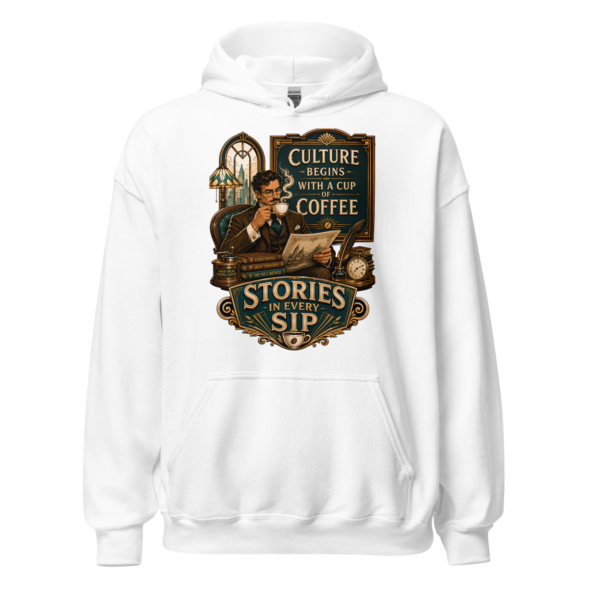 Coffee Lovers Unisex Hoodie Stories in Every Sip – Vintage Gentleman & Intellectual Coffee Graphic Pullover by printfluence.net