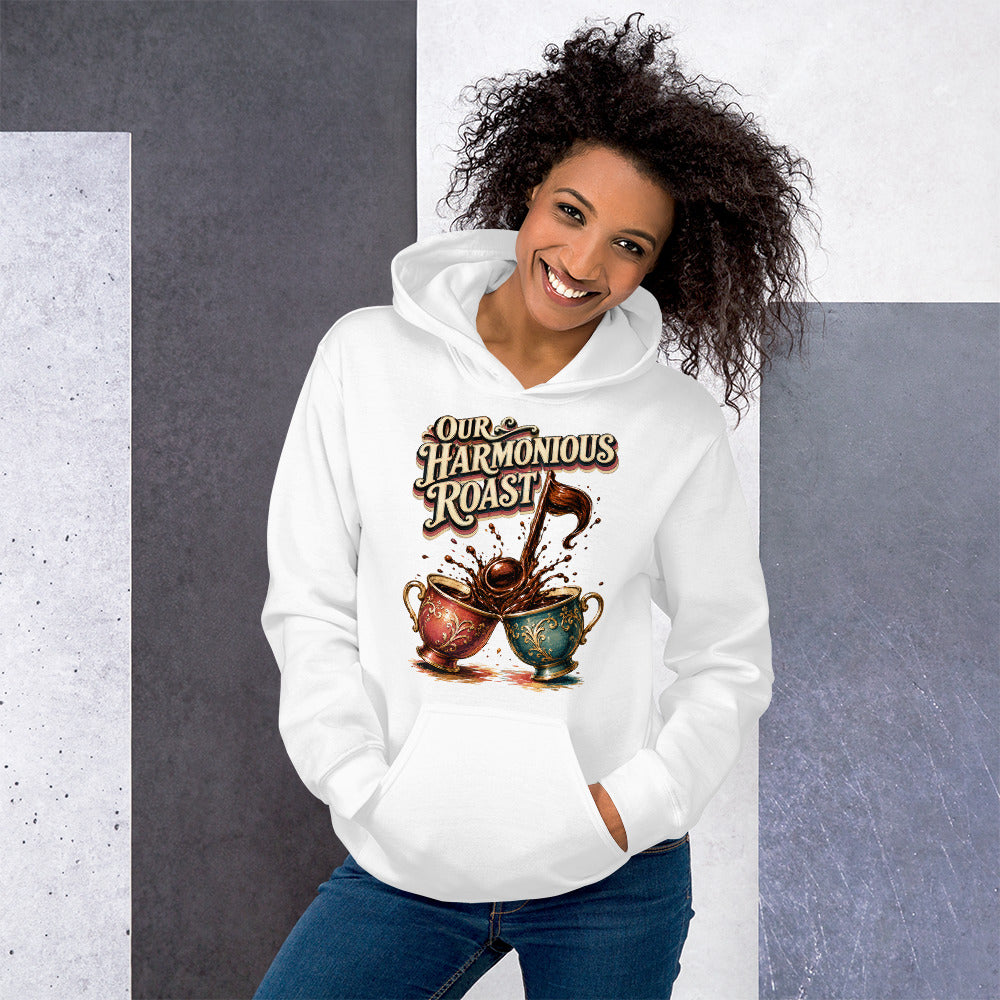Coffee Lovers Unisex Hoodie Our Harmonious Roast – Musical Coffee Cups & Splatter Graphic Pullover by printfluence.net