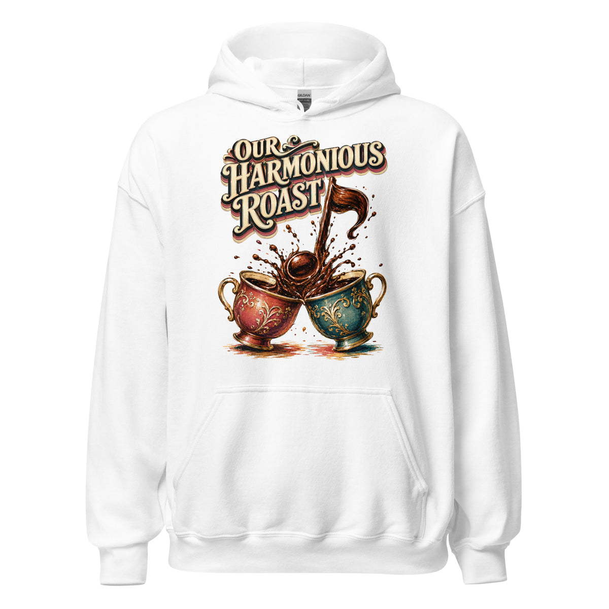 Coffee Lovers Unisex Hoodie Our Harmonious Roast – Musical Coffee Cups & Splatter Graphic Pullover by printfluence.net