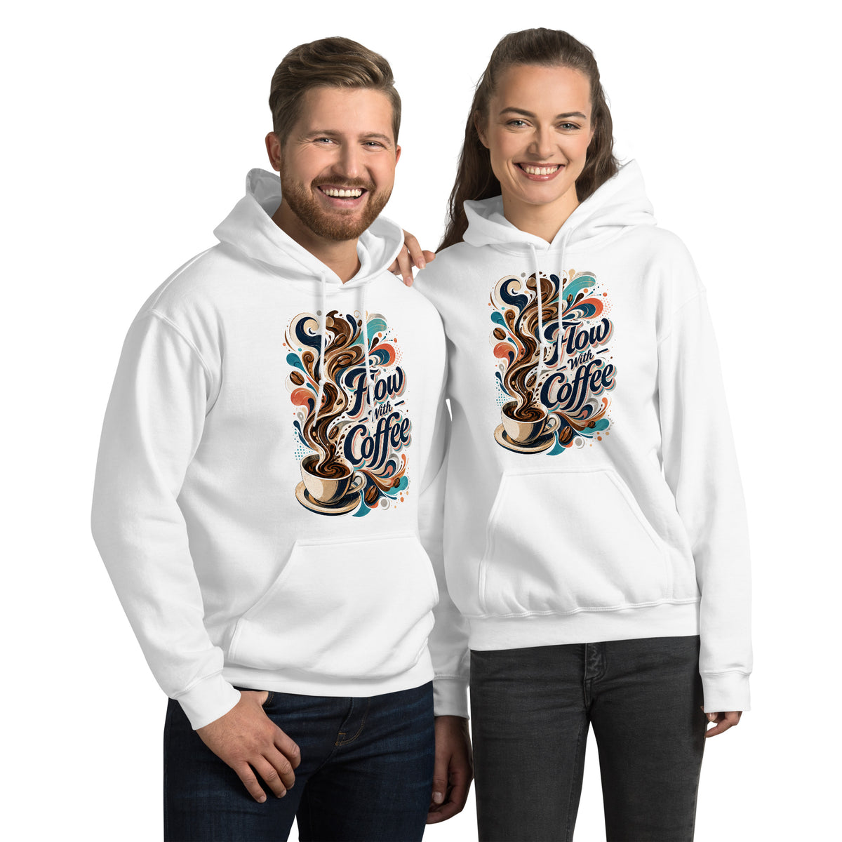 Coffee Lovers Unisex Hoodie Flow with Coffee – Abstract Swirl & Coffee Bean Graphic Pullover by printfluence.net