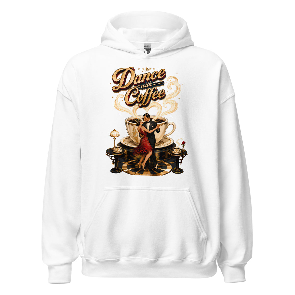 Coffee Lovers Unisex Hoodie Dance with Coffee – Art Deco Dancer & Giant Cup Graphic Pullover by printfluence.net