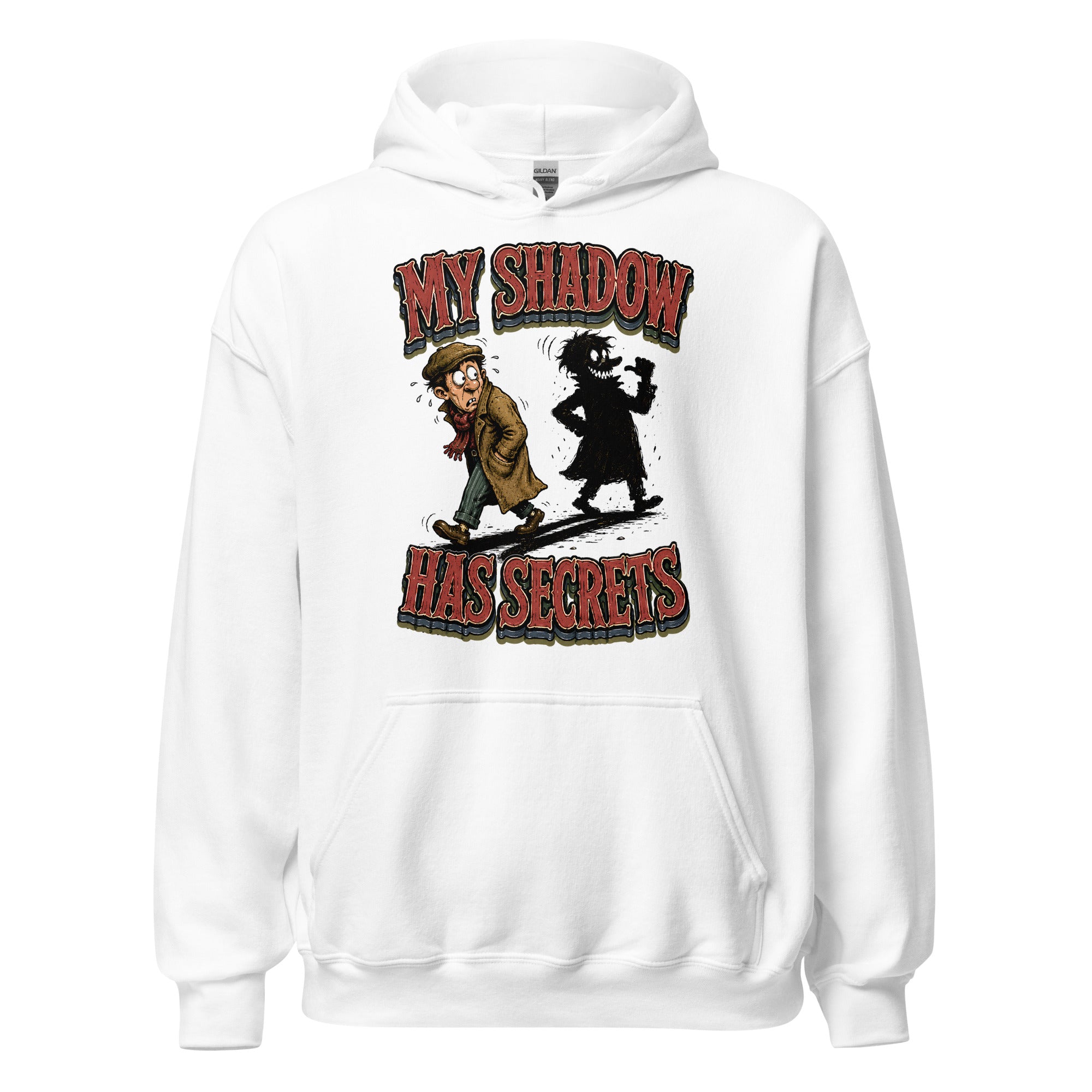 Horror & Mystery Lovers Unisex Heavyweight Fleece Hoodie with "My Shadow Has Secrets" Design by printfluence.net