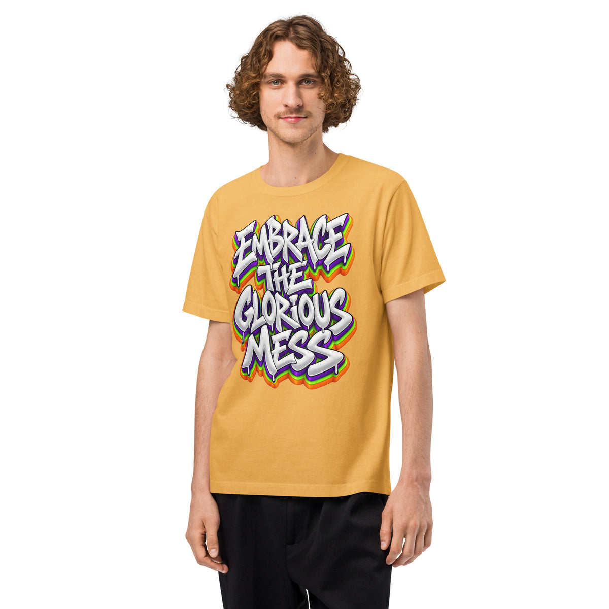 Inspirational Quotes Lovers | Unisex Heavyweight Garment Dye Tee — EMBRACE THE GLORIOUS MESS by printfluence