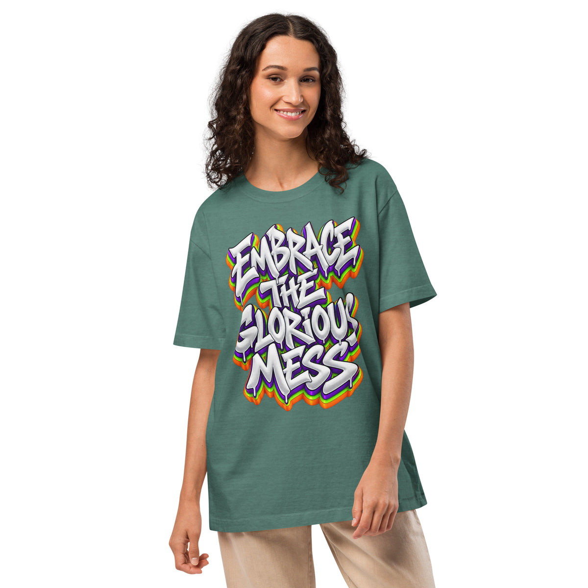 Inspirational Quotes Lovers | Unisex Heavyweight Garment Dye Tee — EMBRACE THE GLORIOUS MESS by printfluence