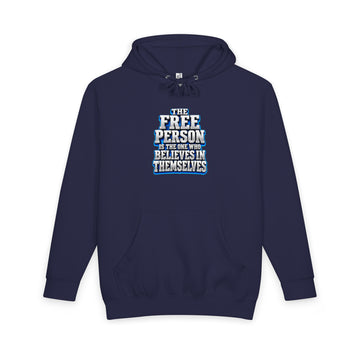 Inspirational Quotes Lovers | Unisex Heavyweight Pullover Hoodie — THE FREE PERSON IS THE ONE WHO BELIEVES IN THEMSELVES by printfluence